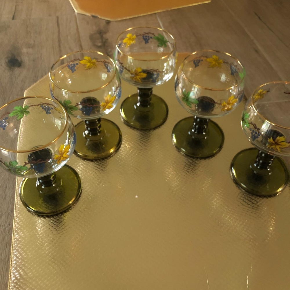 Germany Roemer Edelglas Green Stem Wine Hand-Painted Grape & Vine Goblets (5)